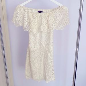 Strapless, below shoulder mini lace dress